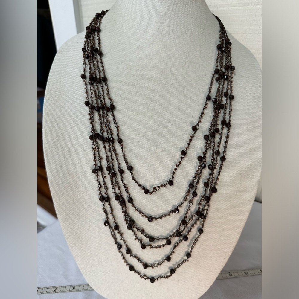 Long multi strand chocolate brown crochet style necklace